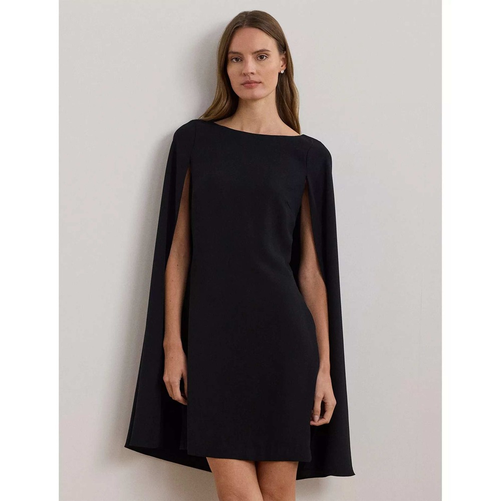 Lauren Ralph Lauren Cape Dress Crepe Women Size 8 Black Boat Neck Shift Mini - Picture 1 of 7